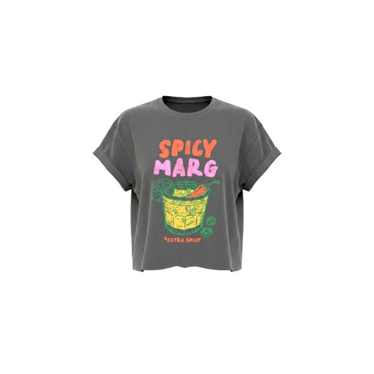 Gray t-shirt with 'Spicy Marg' graphic design on a white background