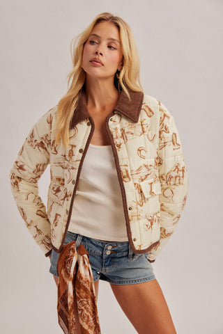 The Saddle Club Western Quilted Jacket | Cowboy Print Corduroy Collar Jacket