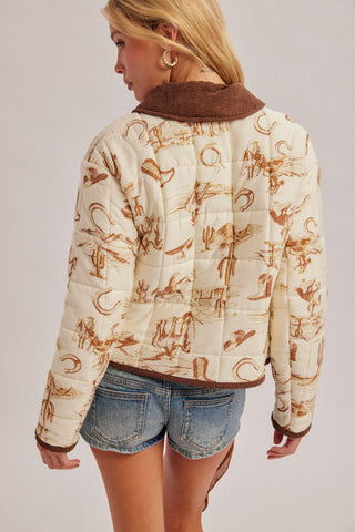 The Saddle Club Western Quilted Jacket | Cowboy Print Corduroy Collar Jacket