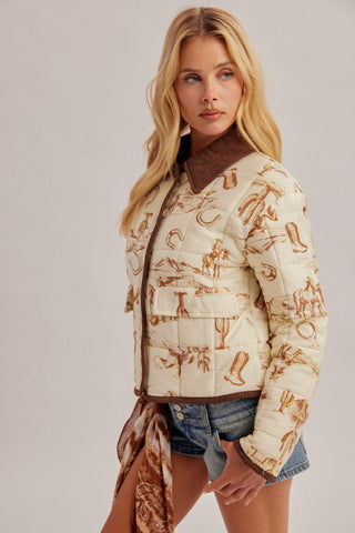 The Saddle Club Western Quilted Jacket | Cowboy Print Corduroy Collar Jacket