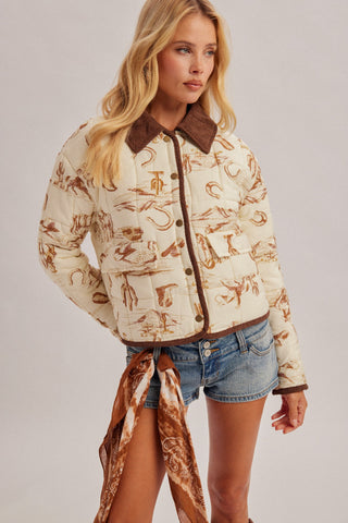 The Saddle Club Western Quilted Jacket | Cowboy Print Corduroy Collar Jacket