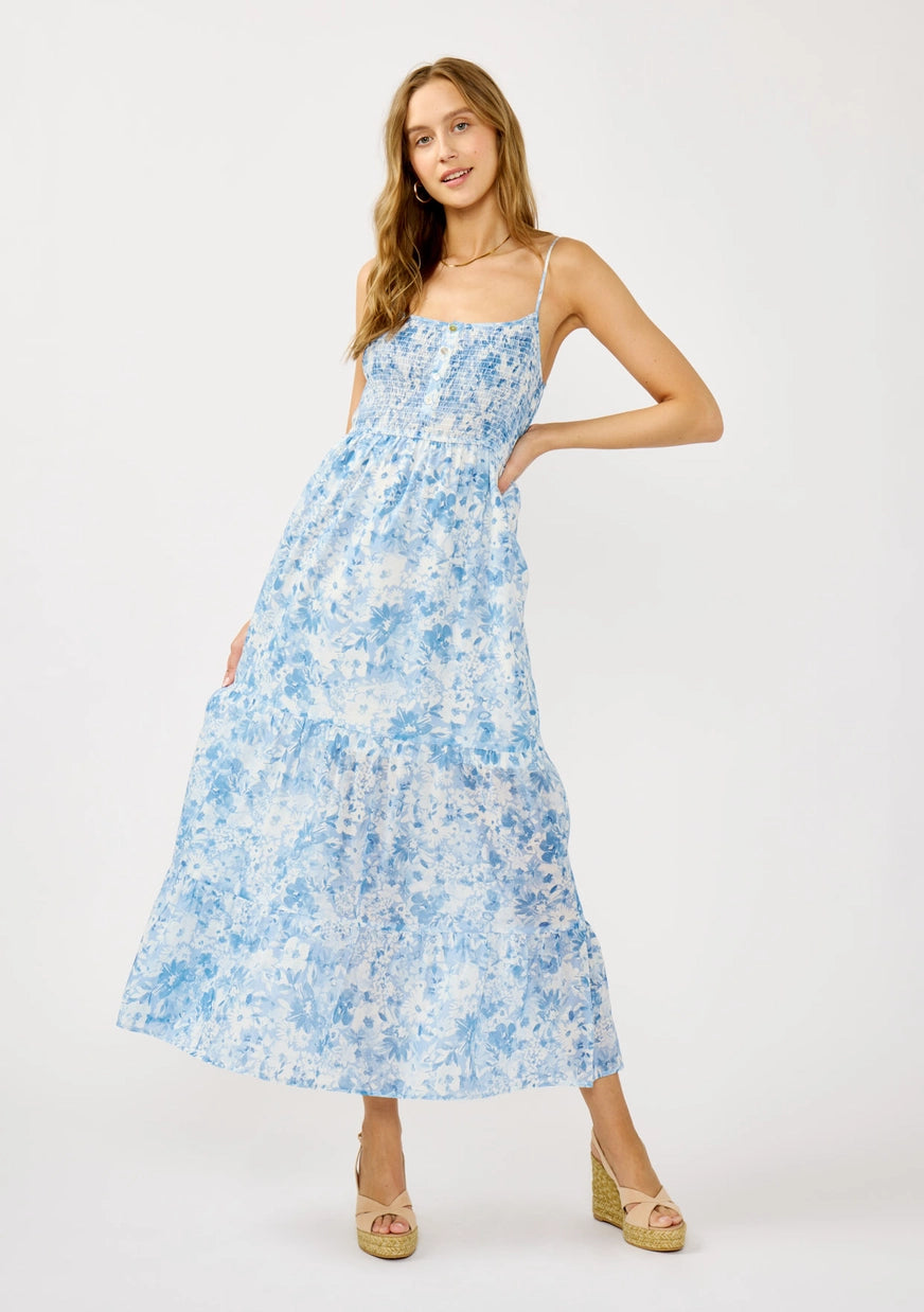 Bluebell Bloom: Blue Floral Smocked Maxi Dress Small