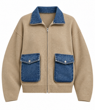 A beige knit zip-up jacket with contrasting blue denim collar, pocket flaps, and button details, shown on a plain white background.