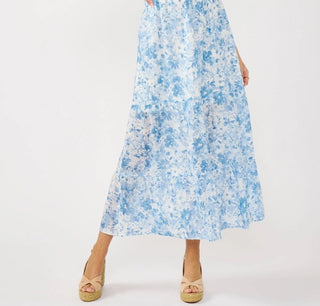 Person wearing a blue floral dress on a white background
