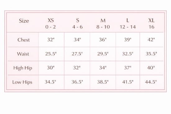 Measurement chart for clothing sizes XS to XL with measurements in inches.