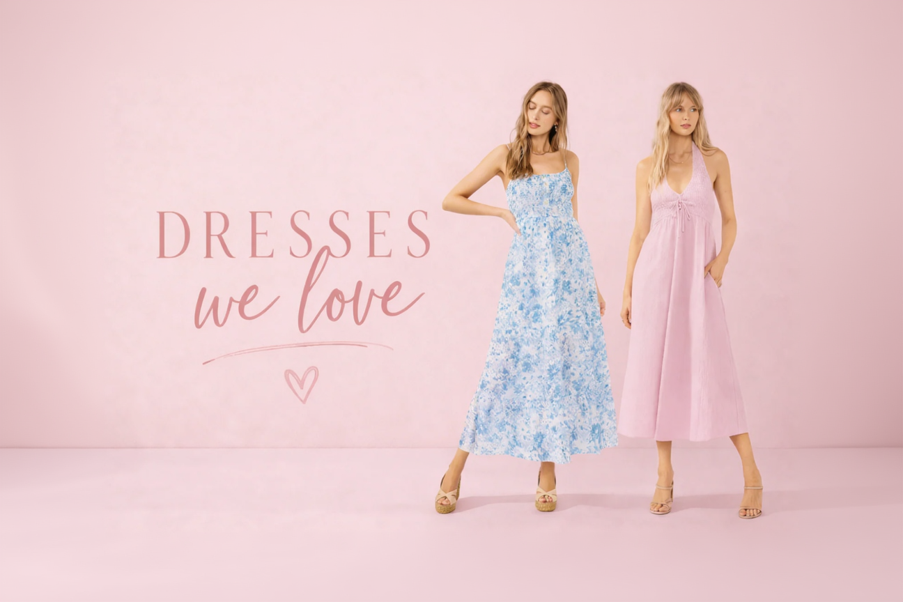 Two women wearing floral and pink dresses on a pink background with 'Dresses We Love' text.