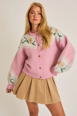 Pink floral button up sweater 